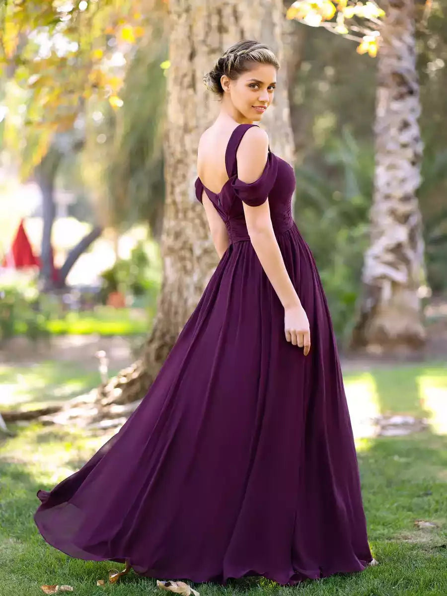Elegant A-line V-neck and chiffon heart-shaped neckline with open shoulder, pleated and slit zipper back Prom Dresses